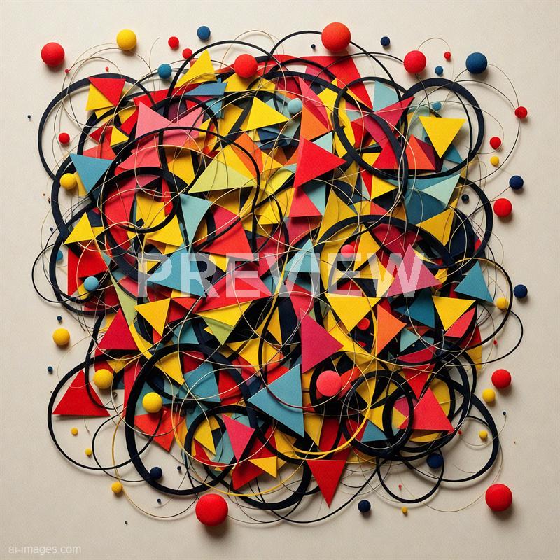 The image features an abstract art piece composed of an intricate arrangement of various geometric shapes and materials. It includes numerous colorful paper triangles, small felt spheres in red, yellow, and blue, and thin metal wires that weave through the composition, creating a sense of depth and movement. The background is a plain, light-colored surface that contrasts with the vivid colors and complex layering of the elements.